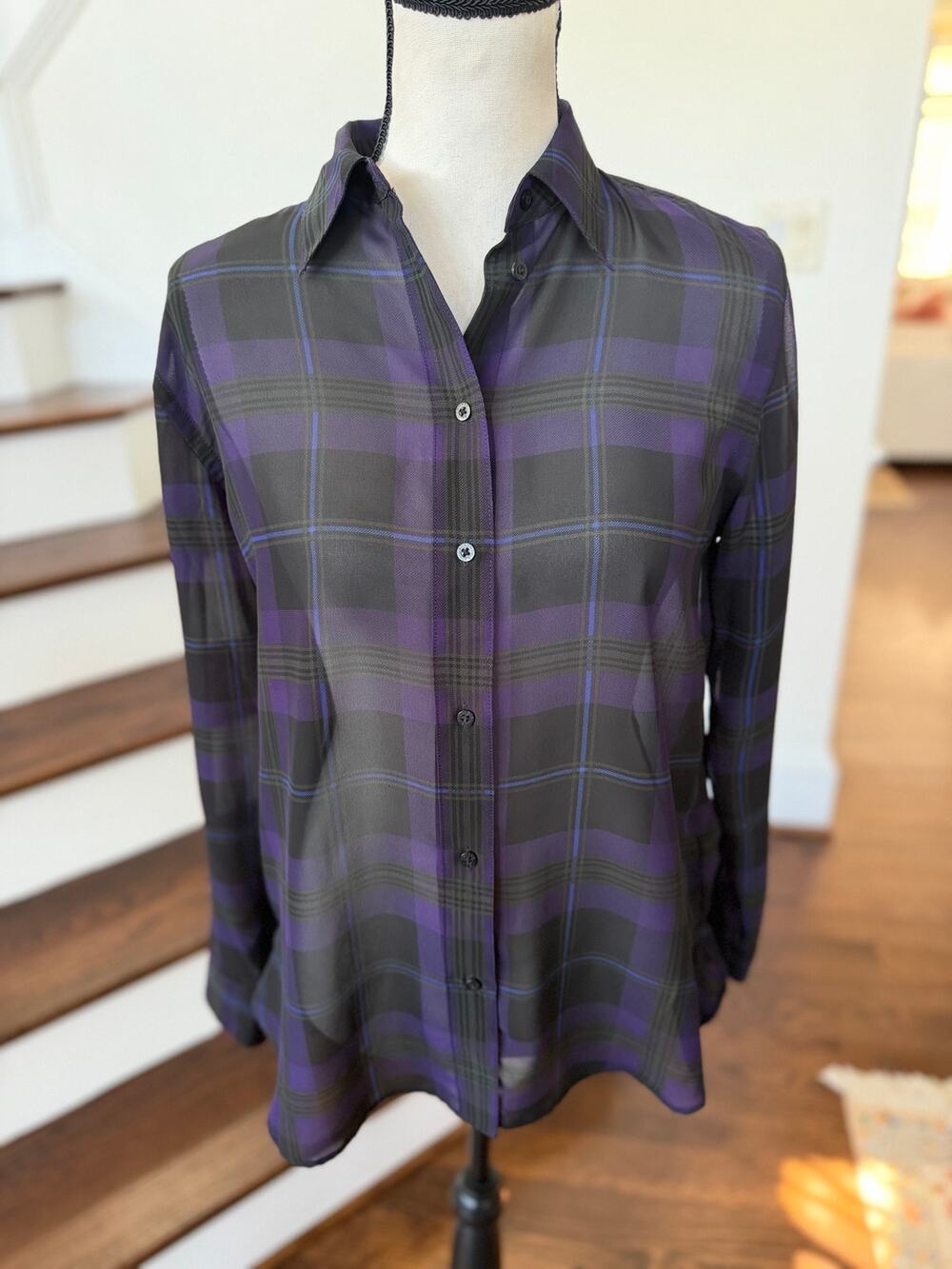 Ralph Lauren Purple Plaid Tartan Sheer Long Sleeve Button Down Preppy Blokette